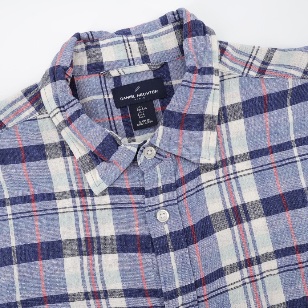 Daniel Hechter‎ Plaid Linen Blend Button Down Blue Long Sleeve Mens Large Shirt